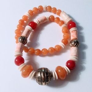 Boho Amber & Red Faux Agate Necklace 25" Beaded Chunky Colorful Eclectic